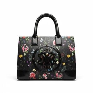 vibrant botanical print on a black background, complemented by patent leather